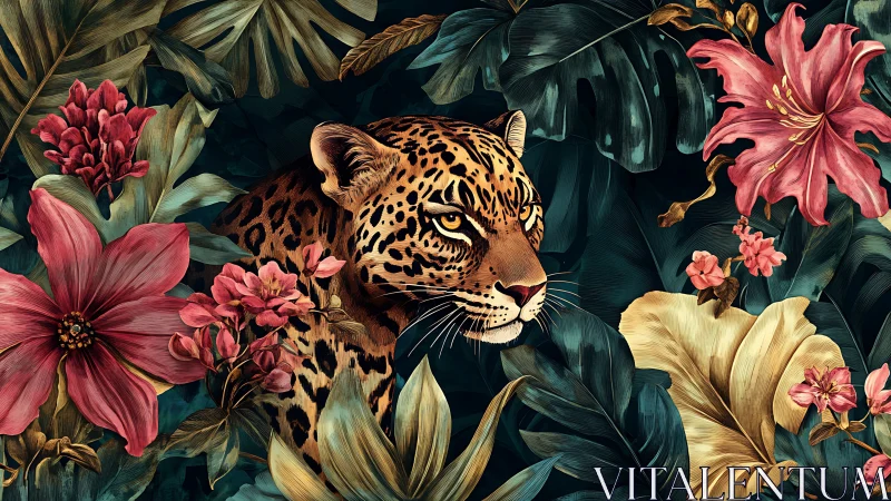 Golden-eyed jungle leopard rests amid lush tropical blooms