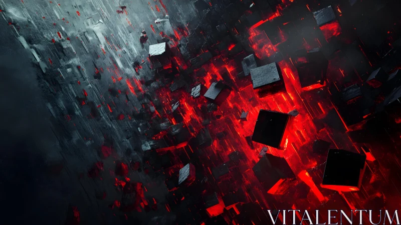 Abstract black cubes floating over glowing red digital chasm.