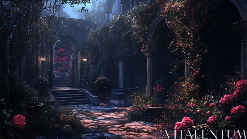 Moonlit courtyard with stone arches and dense rose growth.