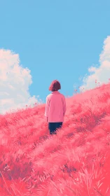 Solitary figure on neon meadow beneath vast cyan sky.