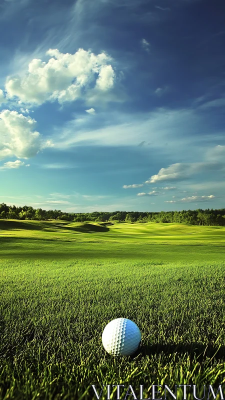 Golf ball close-up on lush fairway under dramatic sky.