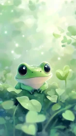 Green frog sits among foliage in softly lit environment