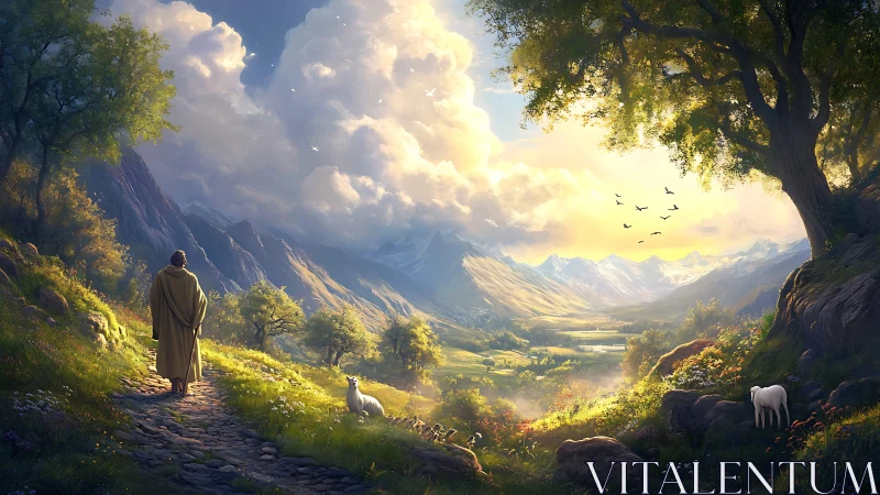 Pastoral wanderer on sunlit alpine valley path at dawn.