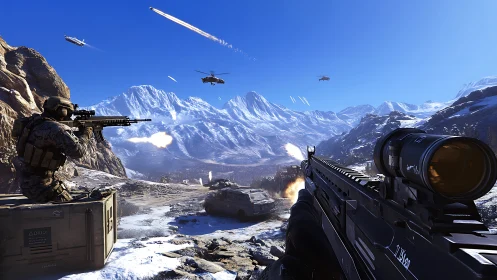 Epic Mountain Warfare: Soldiers Under Fire in Snowy Peaks.