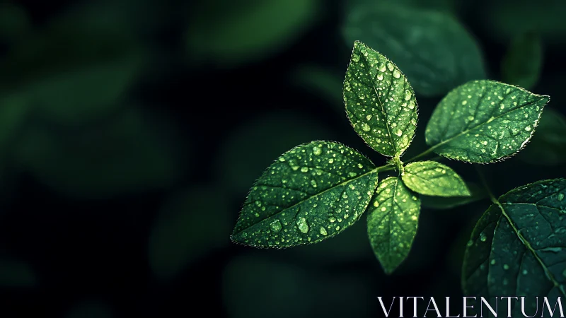 Macro botanical study of dew-laden compound leaves at dawn.
