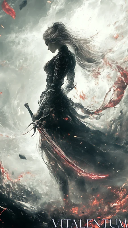 Warrior silhouette holds burning sword amid swirling ash