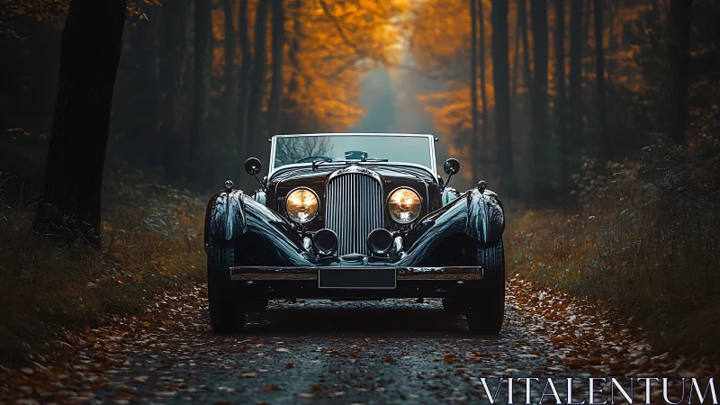 Vintage black roadster on forest lane in autumn light.