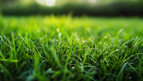Morning dew sparkling on soft green grass in gentle light.
