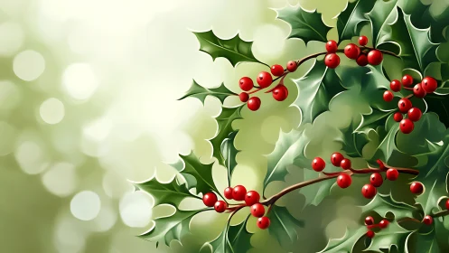 Glossy holly leaves and red berries fill soft bokeh background