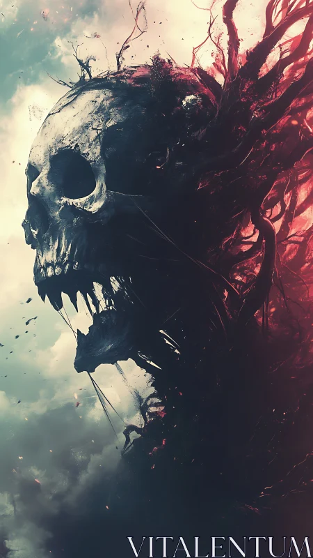 Skull wreathed in crimson tendrils roars into stormy sky.
