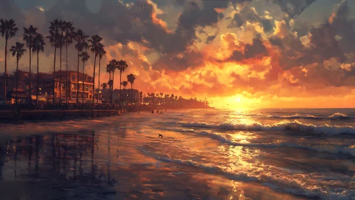 Sunlit beach sunset with glowing waves and quiet palms.