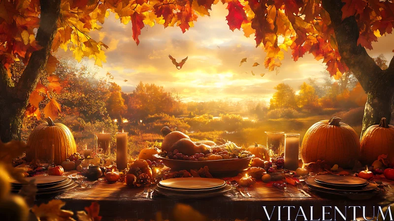 Golden autumn feast glows beneath sunset-lit maple trees