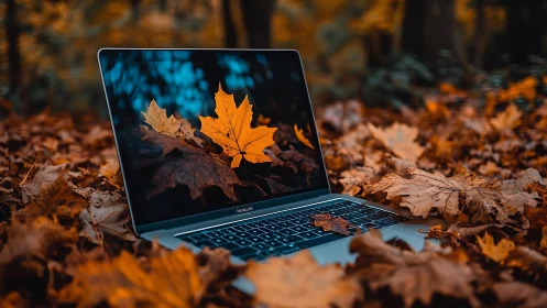 Ultrabook among autumn leaves with mirrored foliage display