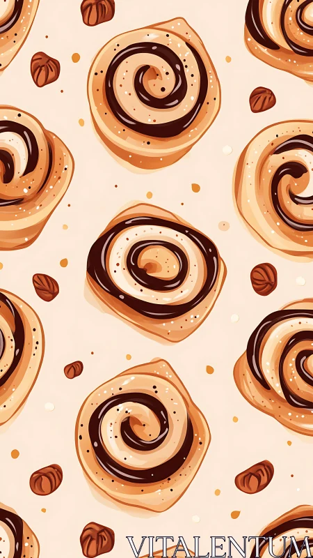 Seamless stylized cinnamon roll pattern with nuts and highlights