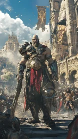 Battle-hardened warrior strides through sunlit ancient ruins.