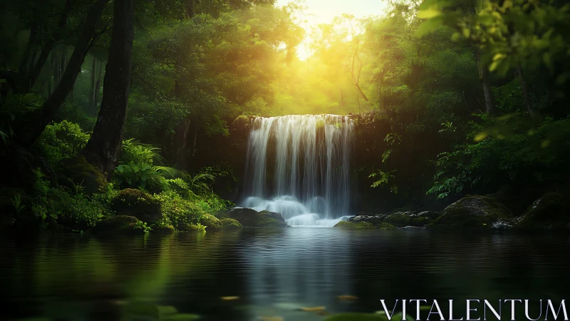 Waterfall in Lush Forest Sanctuary.