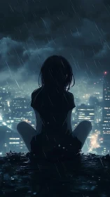 Rain-soaked silhouette watching distant neon city lights.