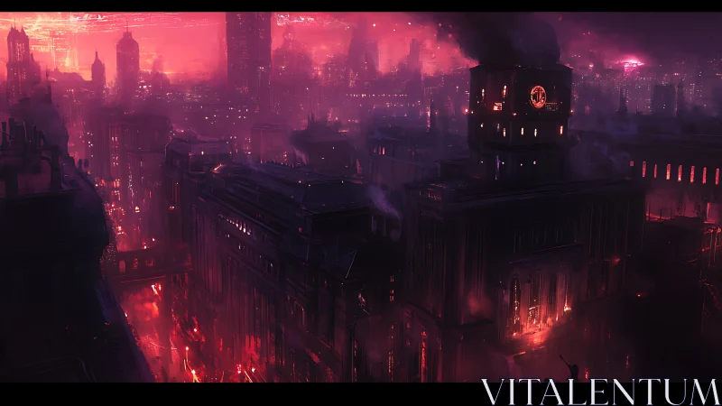 Smoldering neo-noir cityscape under crimson industrial haze.