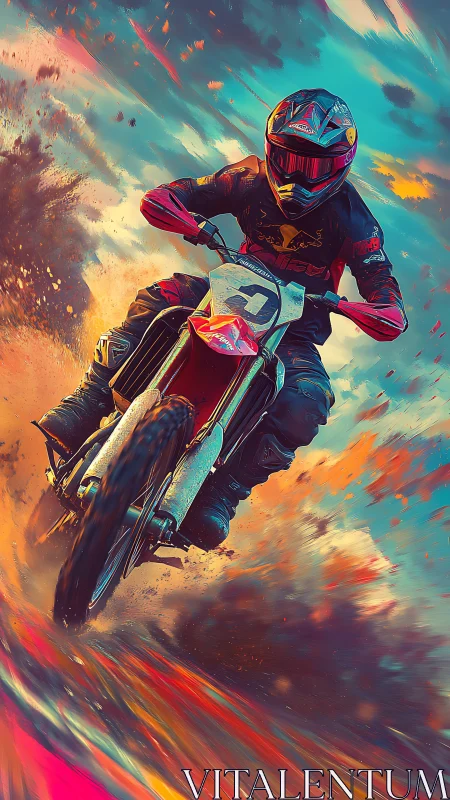 Motorcyclist on dirt track amid abstract color streaks.