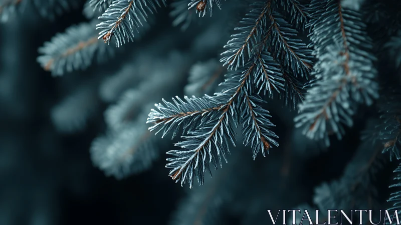 Frosted evergreen needles recorded in shallow depth macro