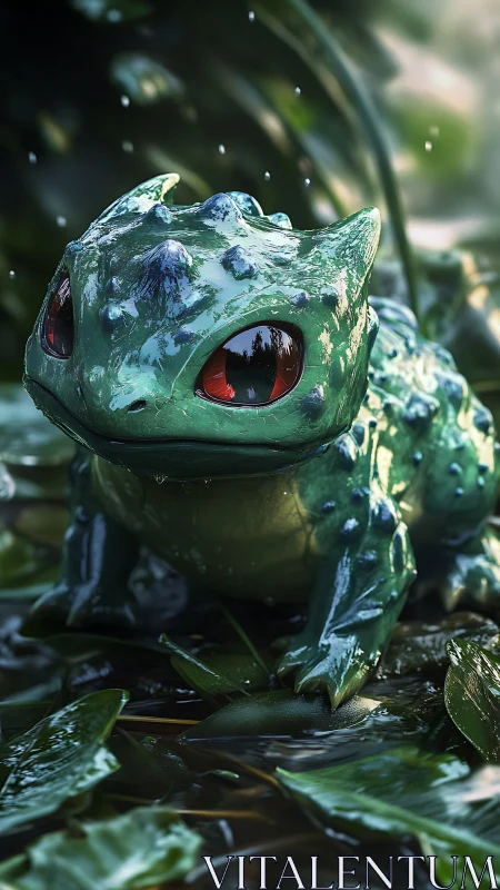 Small green amphibian creature in wet forest scene.