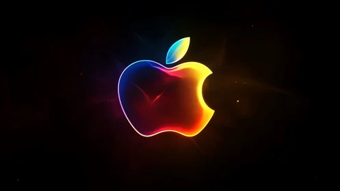 Glowing multicolor apple logo on dark gradient background.