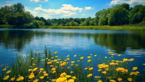 Sunlit lakeside blossoms leaning into a deep blue afternoon.