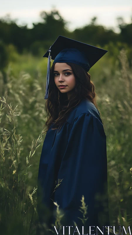 Photorealistic vertical portrait of graduate in meadow setting.