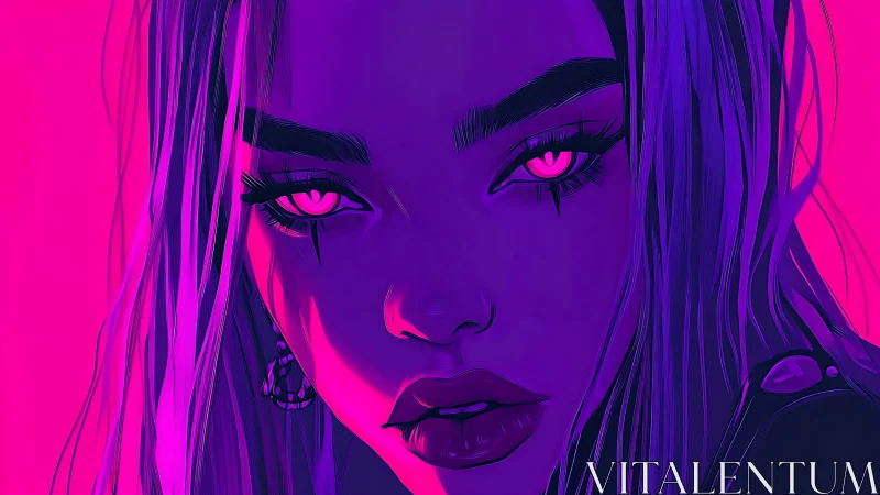 Neon lit digital portrait shows intense pink glowing eyes