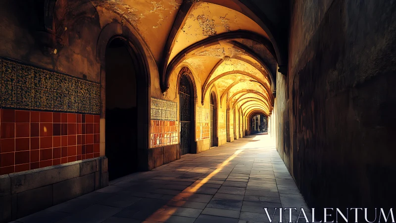 Sunlit arched corridor with tiled walls and long shadows.