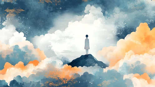 Solitary figure on cloud-sheathed peak in atmospheric gradients.