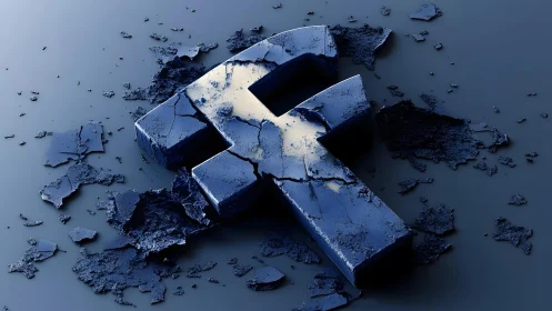 Cracked Facebook Logo in Dark Digital Art Style, Symbolic Scene.