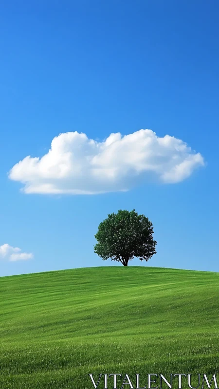 Solitary tree on grassy hill under low cumulus cloud.