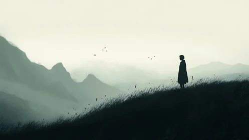 Solitary figure on misty hillside facing distant mountains.