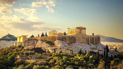 Sunlit Acropolis and Parthenon crown Athens at golden hour.