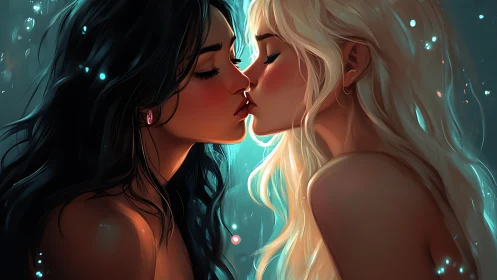 Two Women About to Kiss in Glowing Teal and Warm Light.