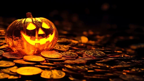 Glowing jack o&rsquo;lantern smiles warmly over a bed of coins