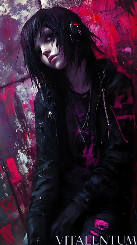 Emo teen in dark clothing leans against vivid pink wall