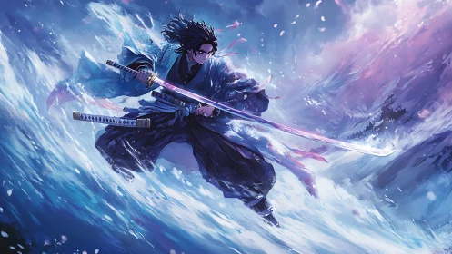 Storm-lit samurai carving light through swirling winter skies.