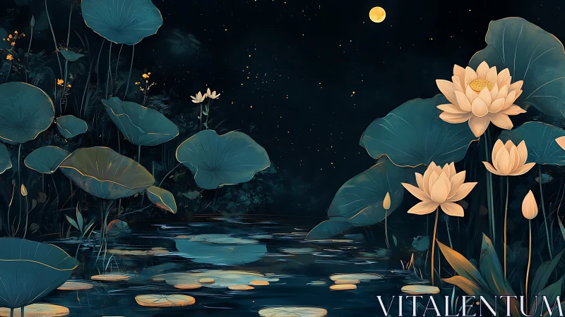 Moonlit lotus pond with teal leaves and golden blooms.