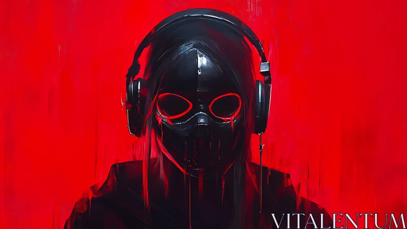 Cybernetic masked listener in glossy black headset on red