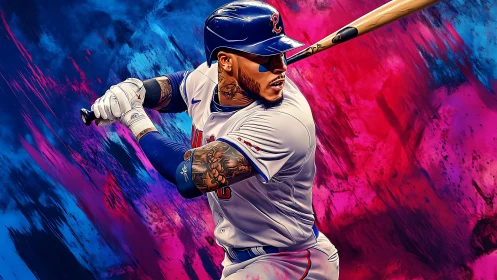 Swinging for glory in a bold neon ballpark dreamscape.