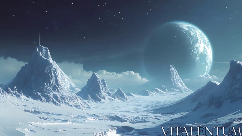 Frozen alien valley under looming blue planet at night.