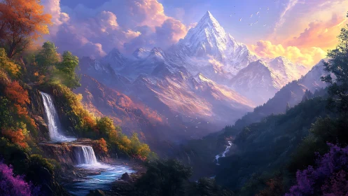 Radiant alpine peak above cascading forest waterfalls.