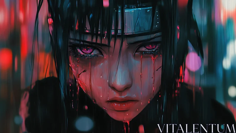 Neon-soaked warrior stares ahead with haunted, glowing eyes