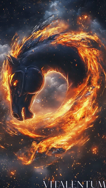 Flaming spectral horse arcs through molten storm halo.