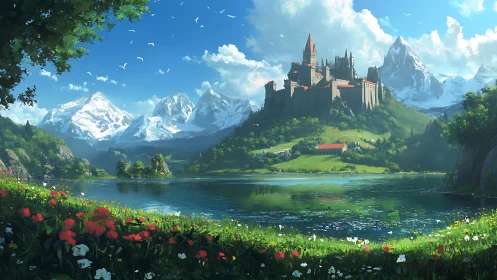 Sunlit castle above a calm alpine lake of bright wildflowers.