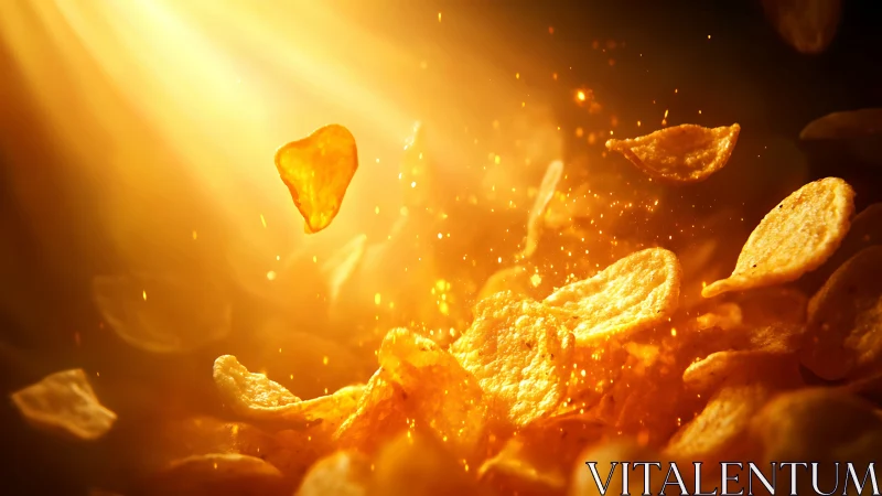 Golden potato chips in dramatic radiant spotlight burst.