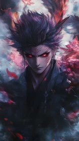 Dark anime sorcerer with glowing red eyes in swirling aura.