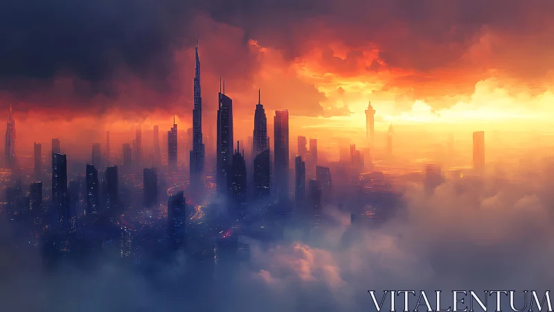 Futuristic high rise city skyline in dense atmospheric fog.
